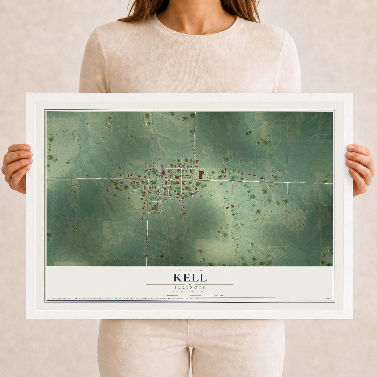 Map of Kell, Illinois, 12 x 18 inch print in a white wood frame