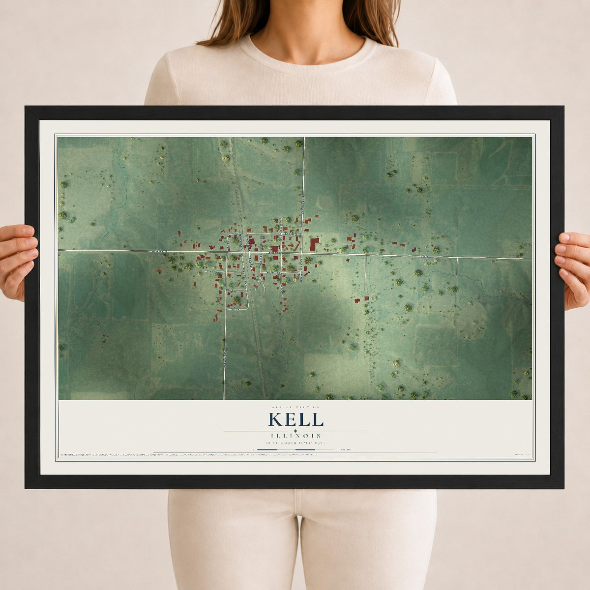 Map of Kell, Illinois, 18 x 24 inch print in a black wood frame