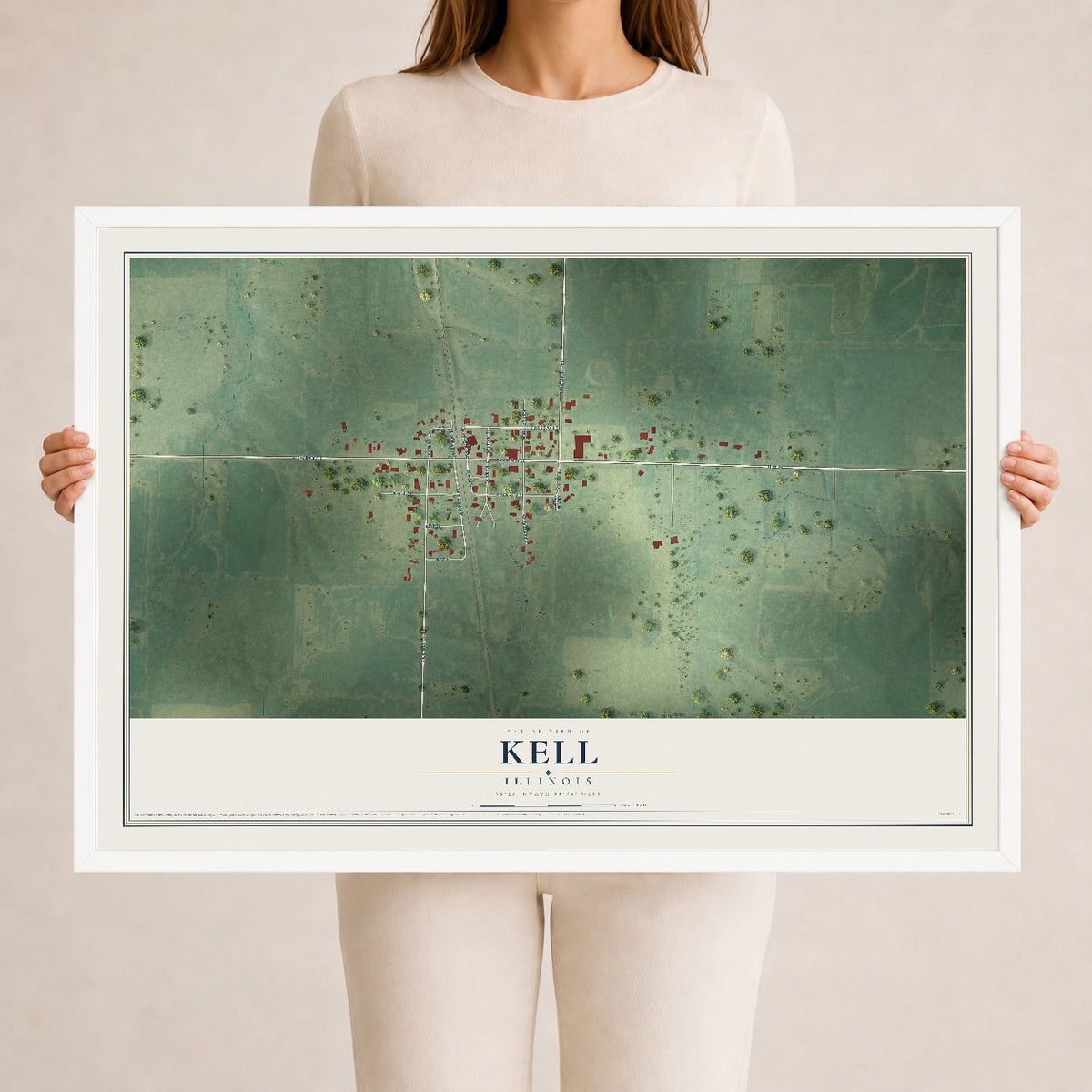 Map of Kell, Illinois, 24 x 36 inch print in a white wood frame