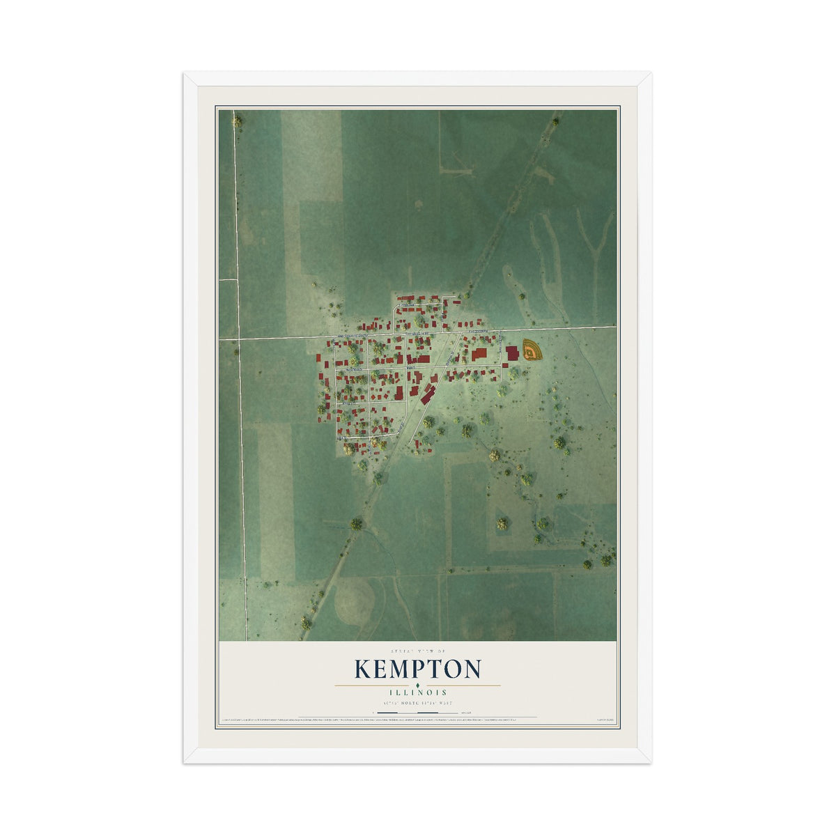 Map of Kempton, Illinois, 12 x 18 inch print in a white wood frame