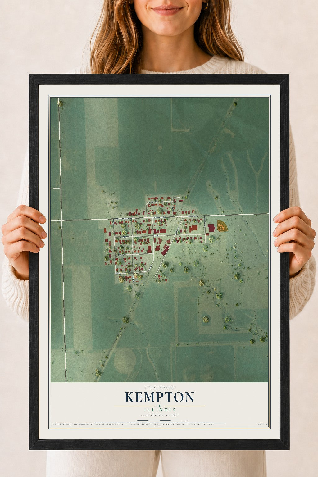Map of Kempton, Illinois, 18 x 24 inch print in a black wood frame