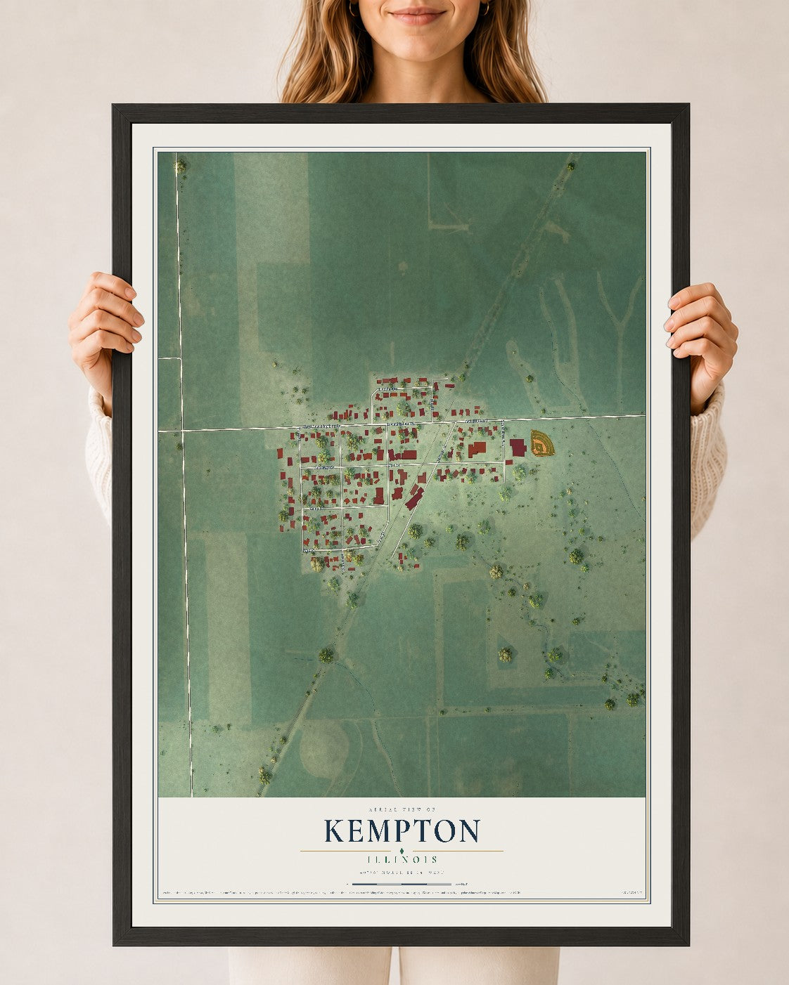 Map of Kempton, Illinois, 24 x 36 inch print in a black wood frame