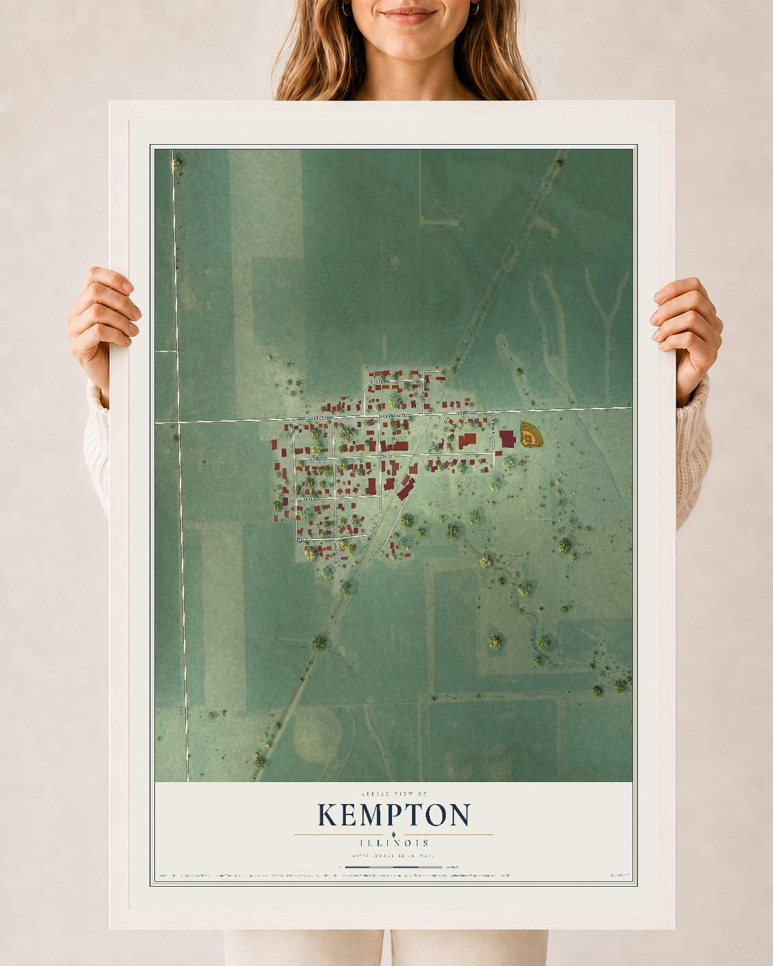 Map of Kempton, Illinois, 24 x 36 inch print in a white wood frame