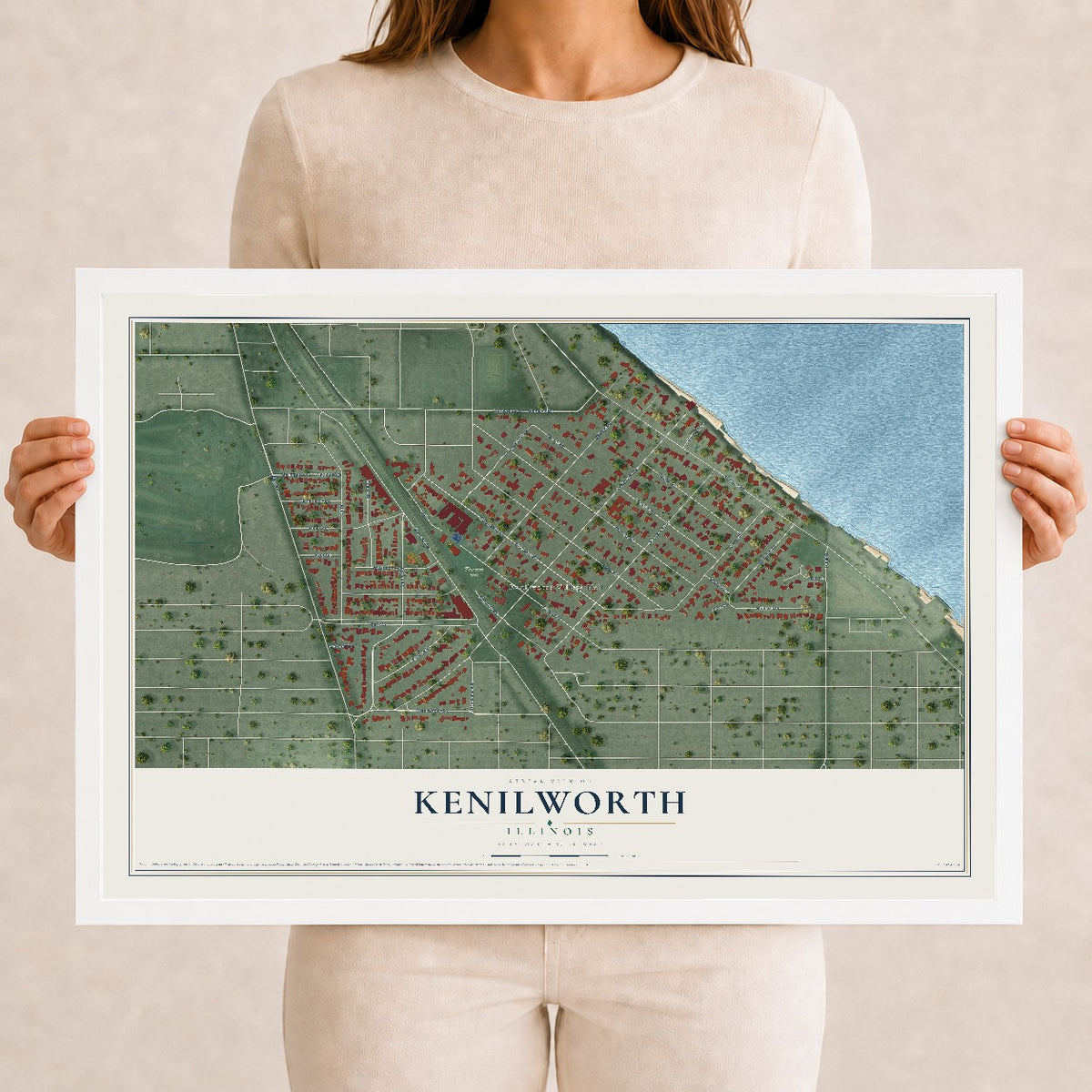 Map of Kenilworth, Illinois, 12 x 18 inch print in a white wood frame