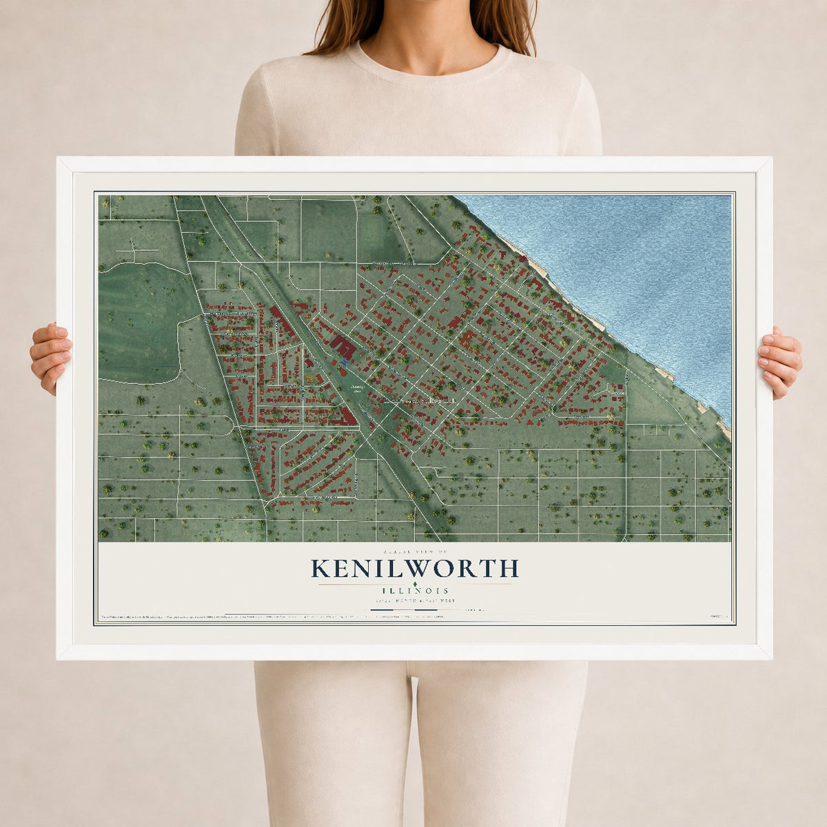 Map of Kenilworth, Illinois, 24 x 36 inch print in a white wood frame