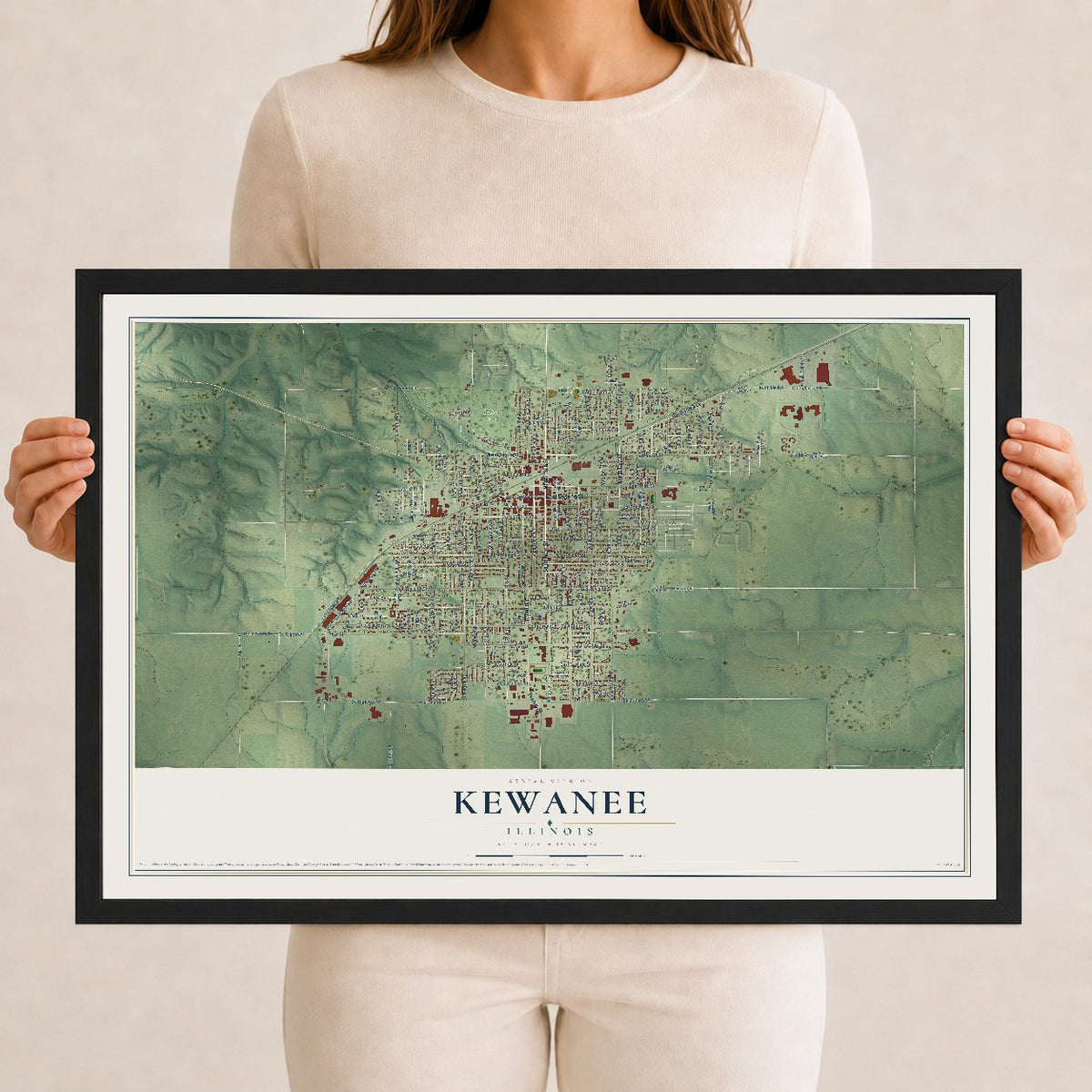 Map of Kewanee, Illinois, 12 x 18 inch print in a black wood frame
