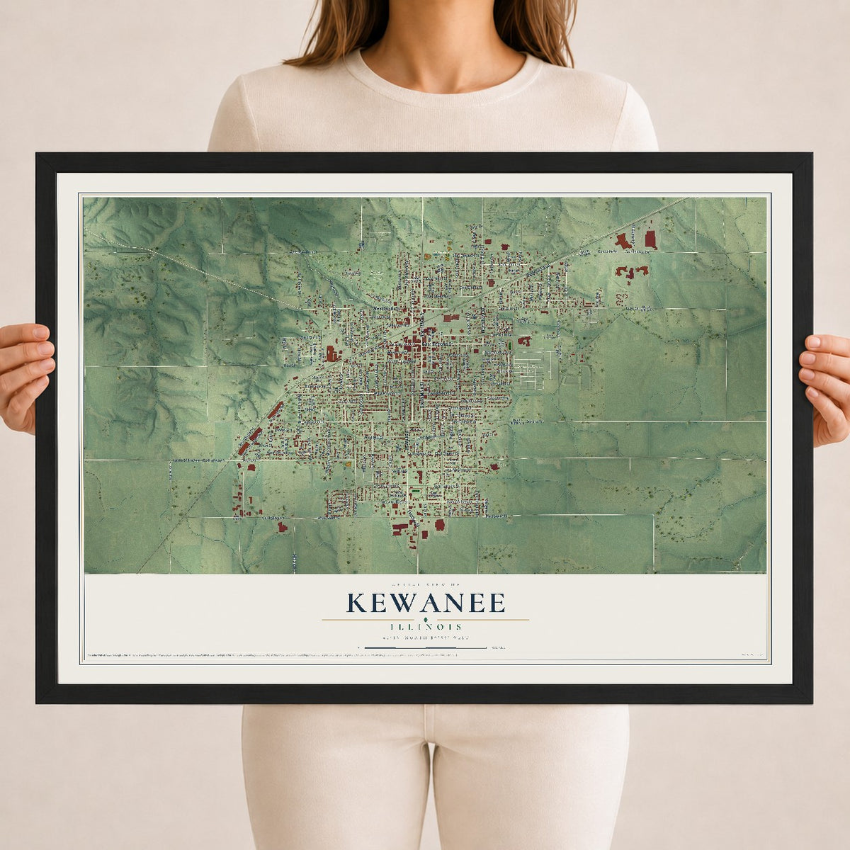 Map of Kewanee, Illinois, 18 x 24 inch print in a black wood frame