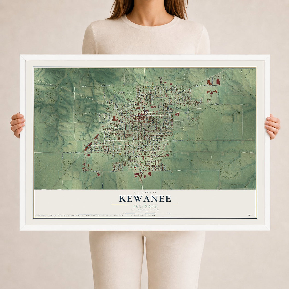 Map of Kewanee, Illinois, 24 x 36 inch print in a white wood frame