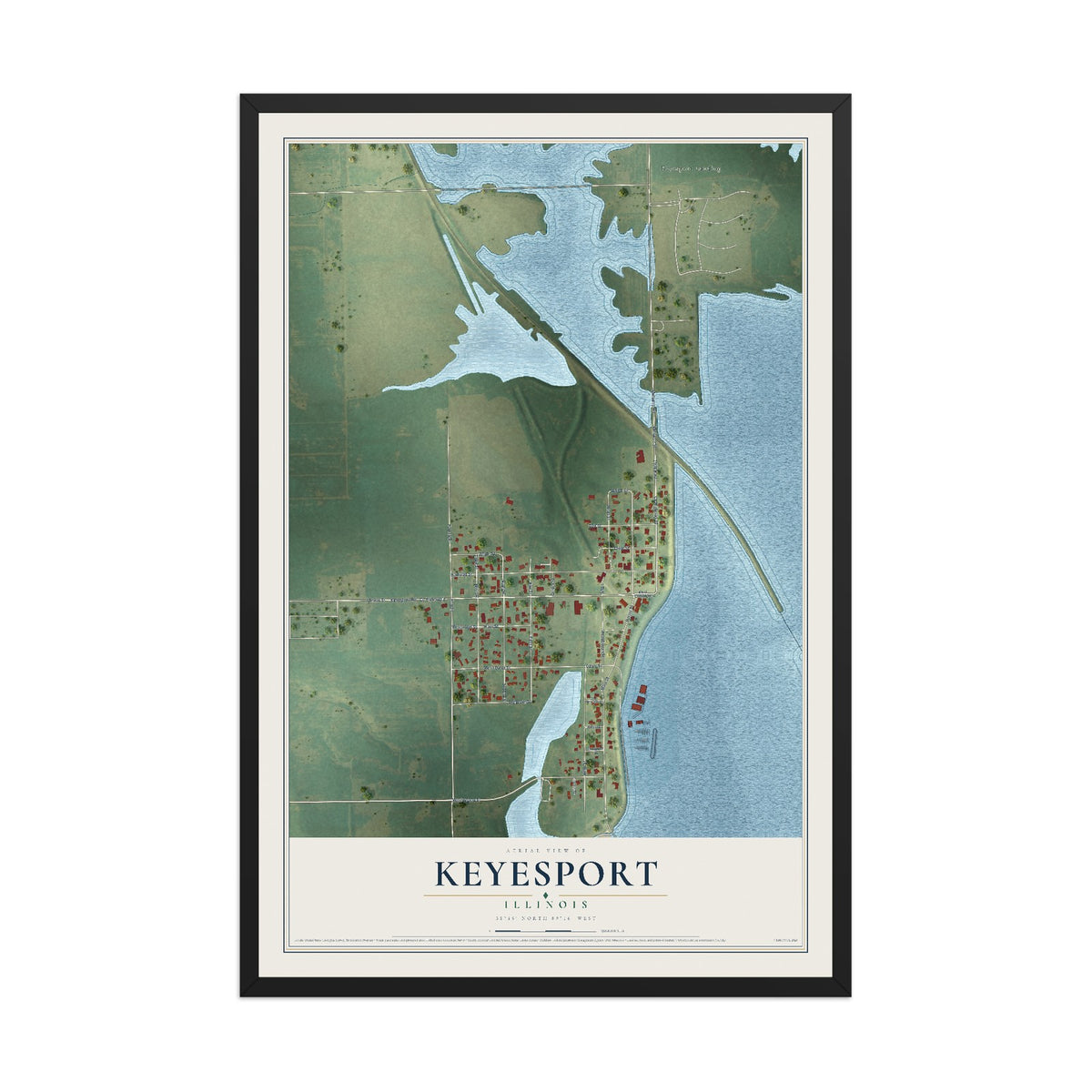 Map of Keyesport, Illinois, 12 x 18 inch print in a black wood frame