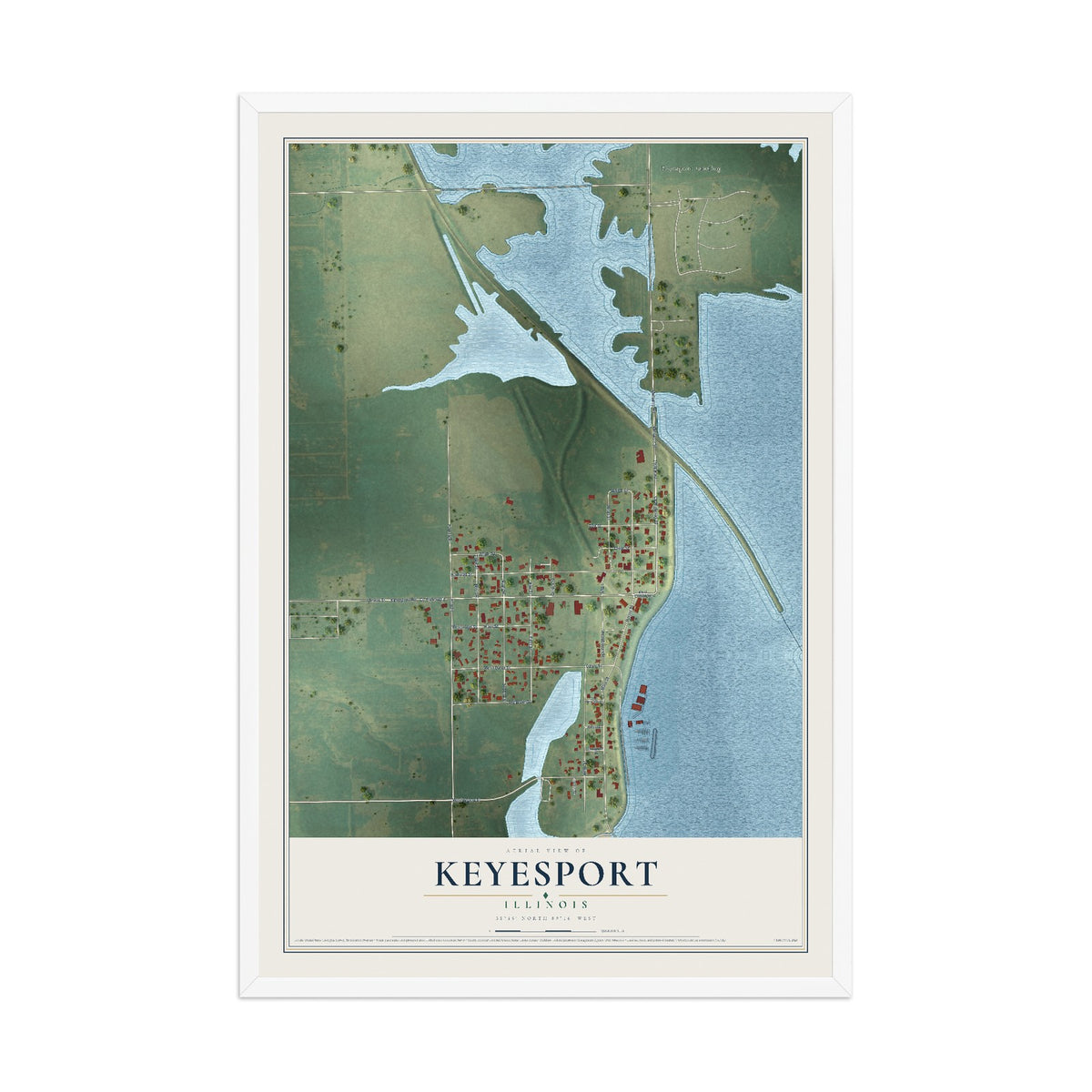 Map of Keyesport, Illinois, 12 x 18 inch print in a white wood frame