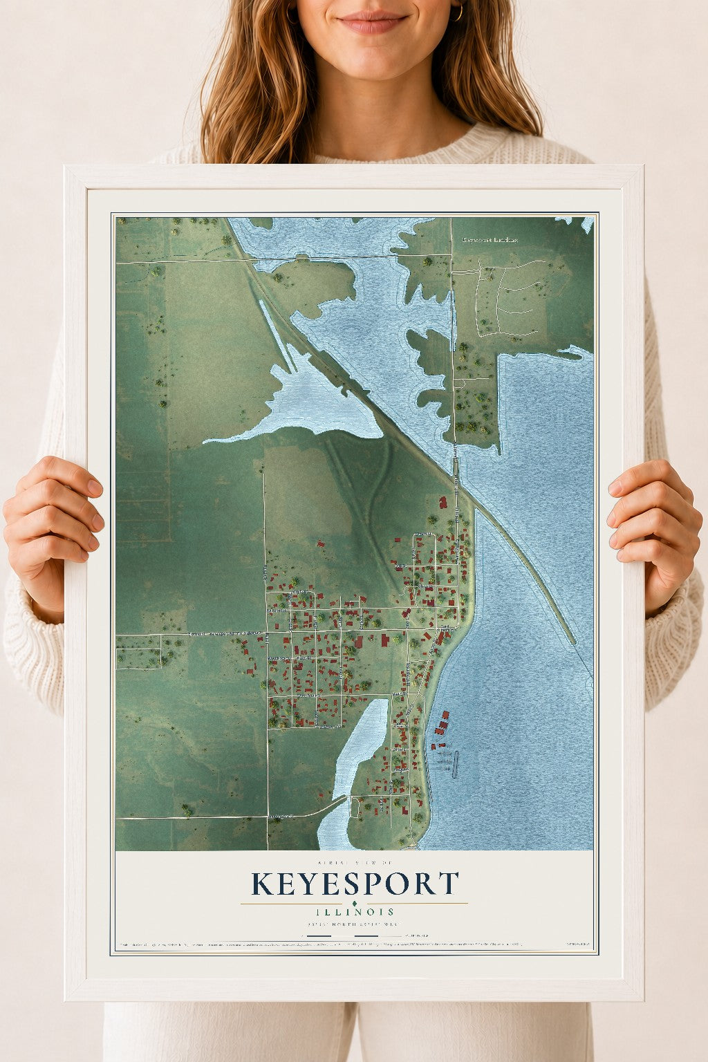Map of Keyesport, Illinois, 18 x 24 inch print in a white wood frame