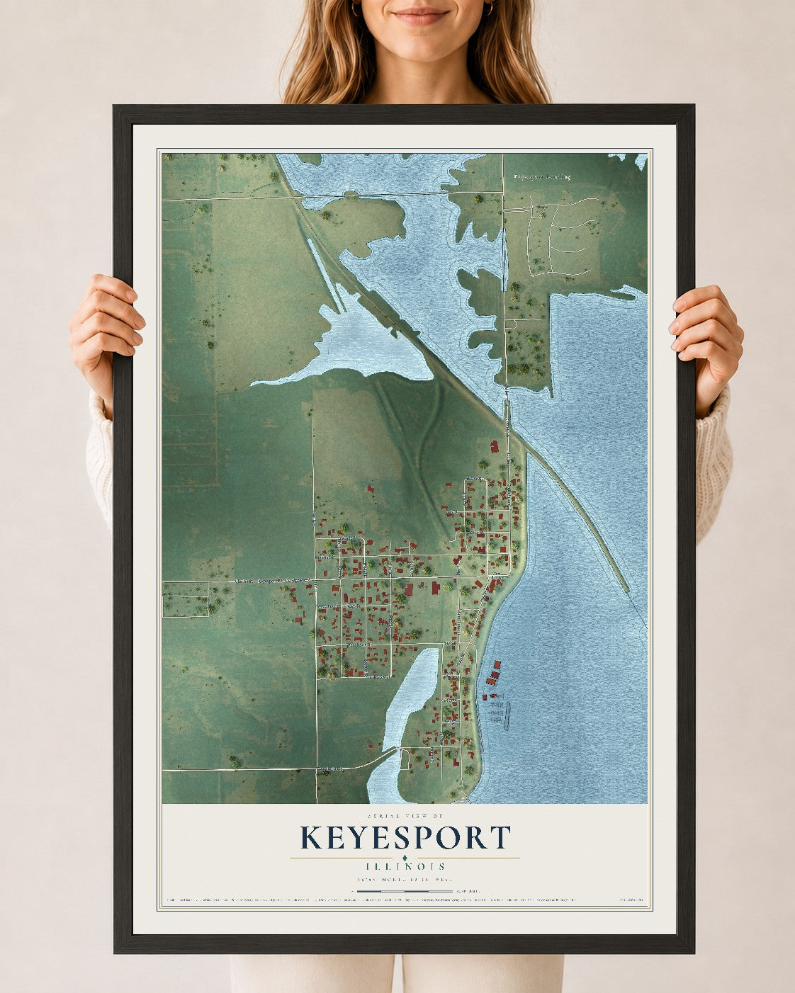 Map of Keyesport, Illinois, 24 x 36 inch print in a black wood frame