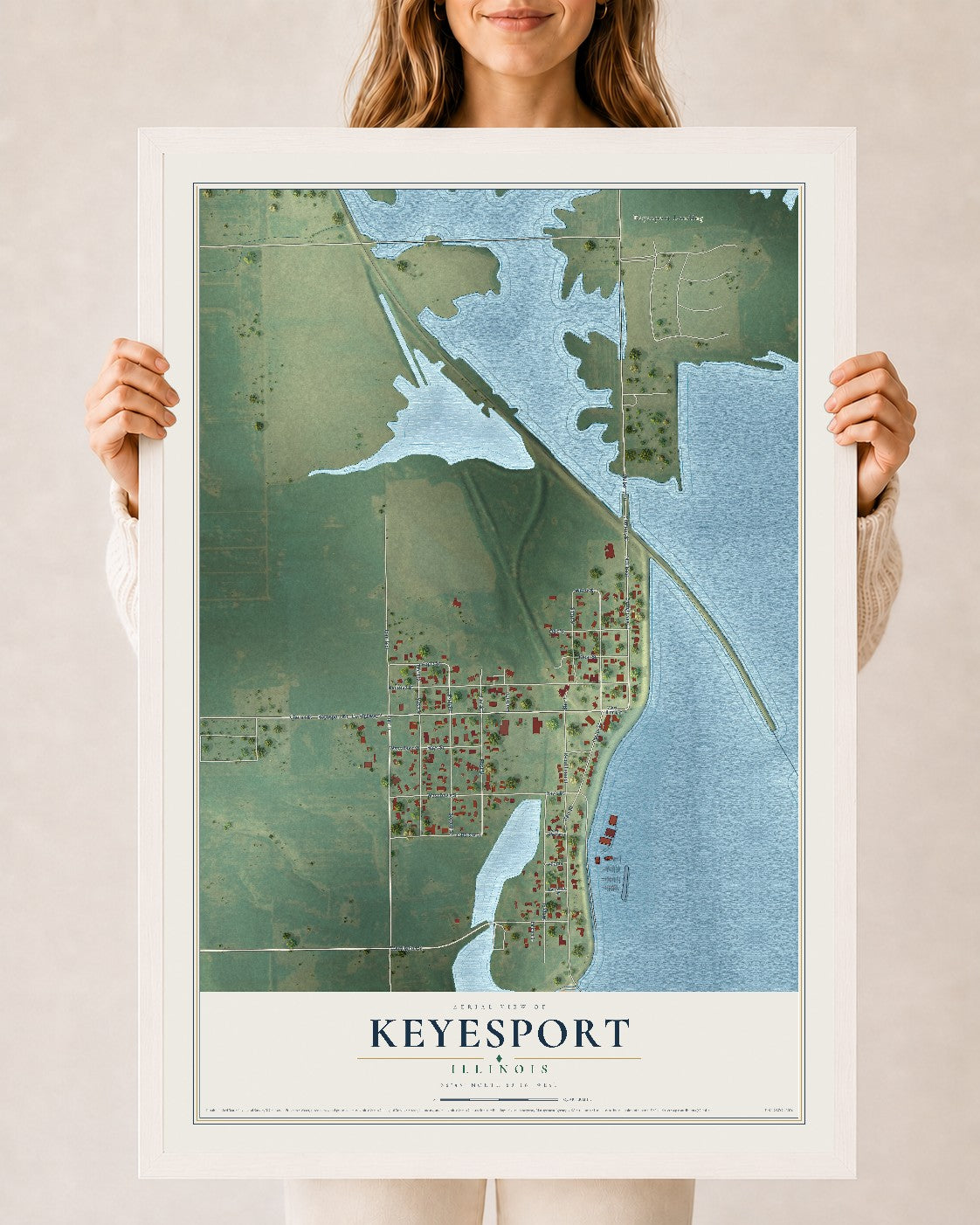 Map of Keyesport, Illinois, 24 x 36 inch print in a white wood frame