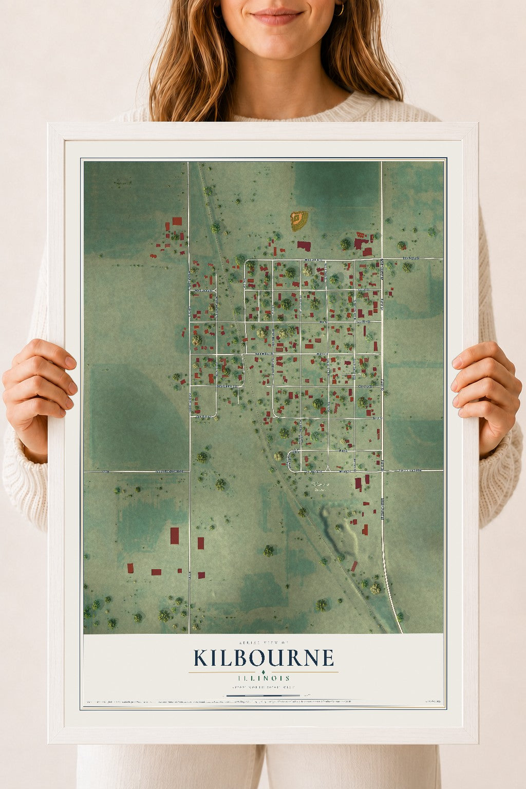 Map of Kilbourne, Illinois, 18 x 24 inch print in a white wood frame