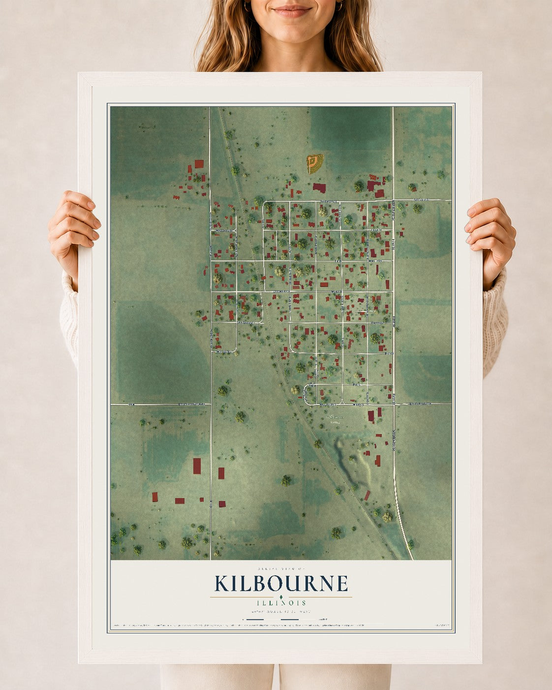 Map of Kilbourne, Illinois, 24 x 36 inch print in a white wood frame