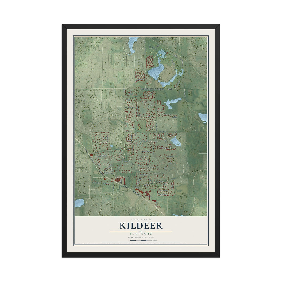 Map of Kildeer, Illinois, 12 x 18 inch print in a black wood frame