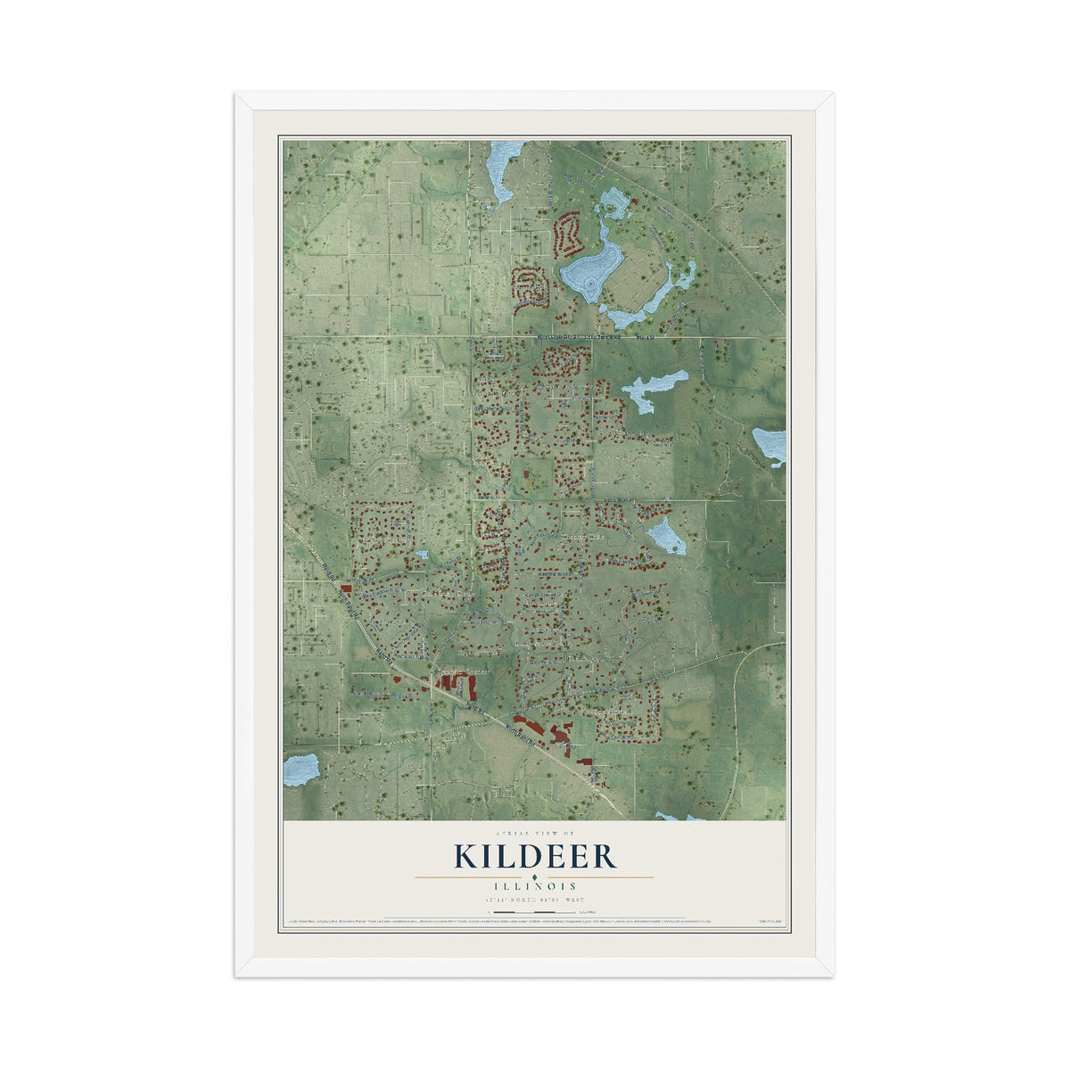 Map of Kildeer, Illinois, 12 x 18 inch print in a white wood frame