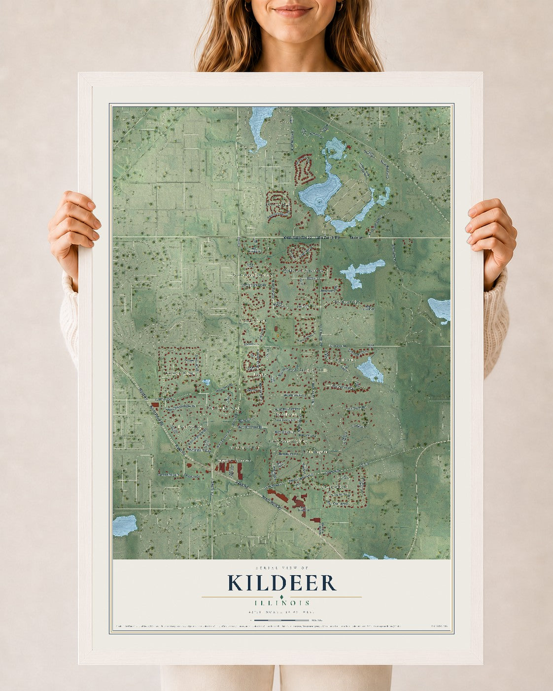 Map of Kildeer, Illinois, 24 x 36 inch print in a white wood frame