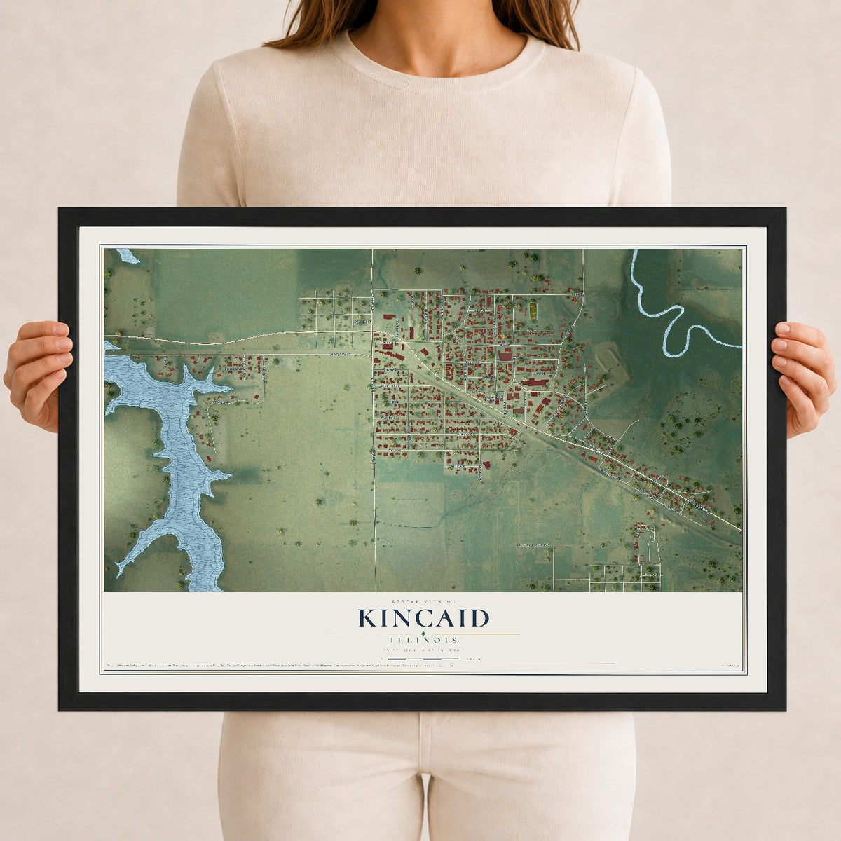 Map of Kincaid, Illinois, 12 x 18 inch print in a black wood frame