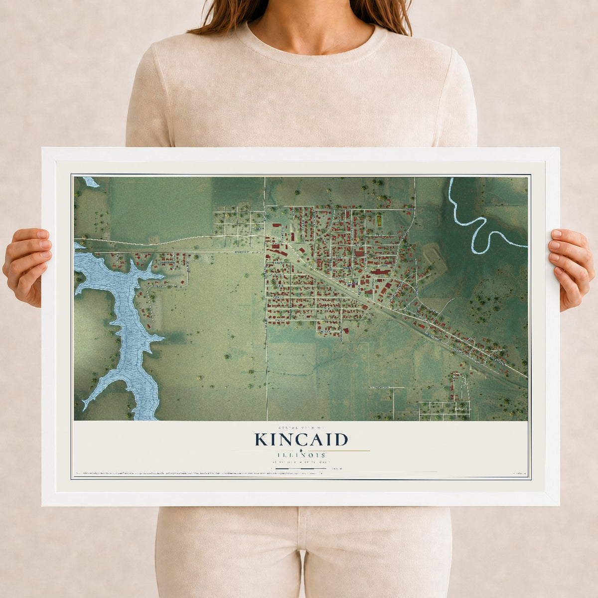 Map of Kincaid, Illinois, 12 x 18 inch print in a white wood frame