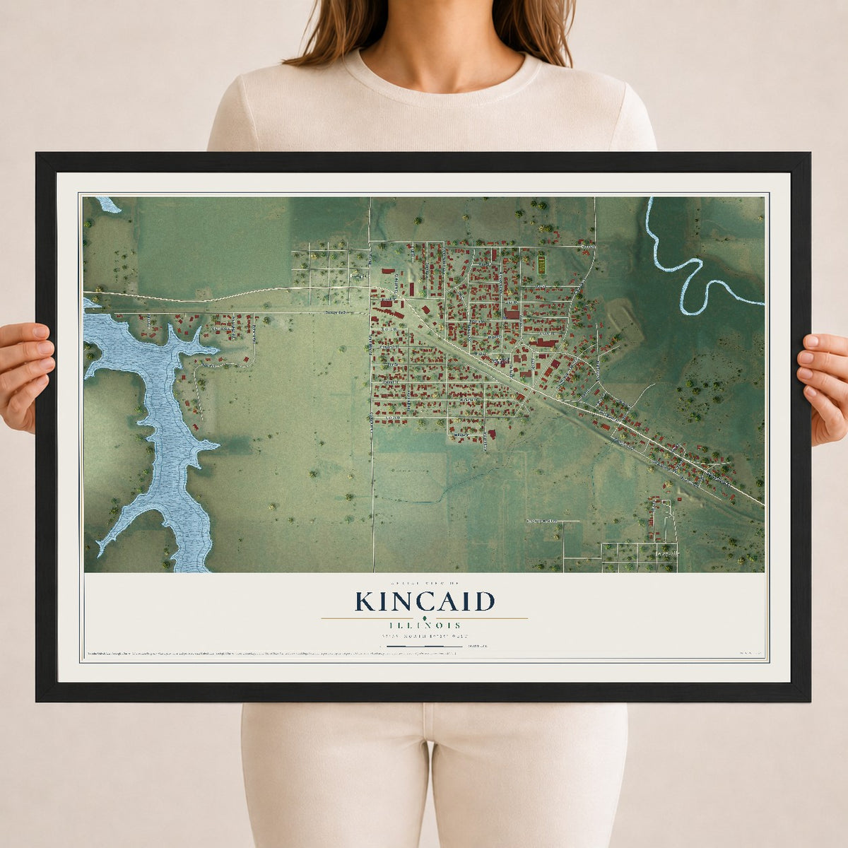 Map of Kincaid, Illinois, 18 x 24 inch print in a black wood frame