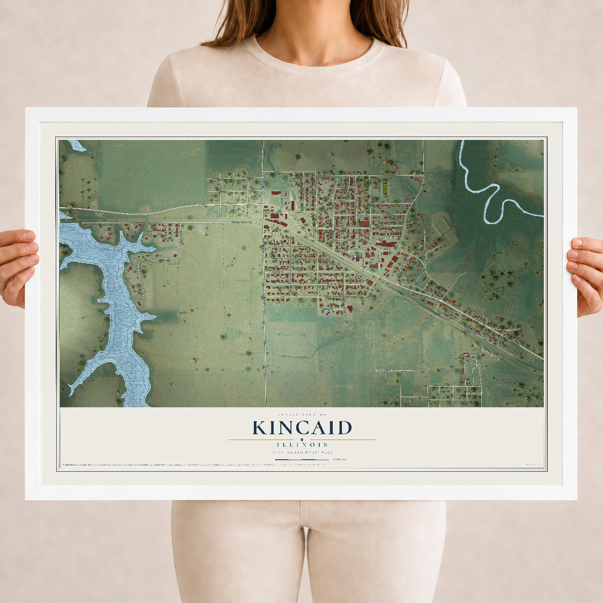 Map of Kincaid, Illinois, 18 x 24 inch print in a white wood frame