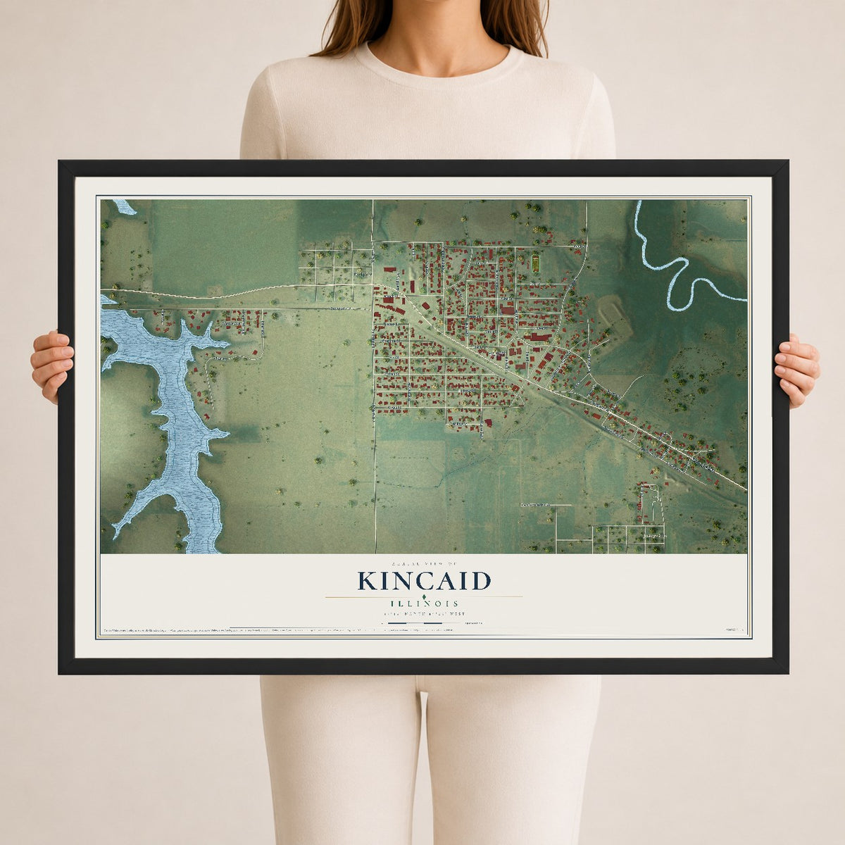 Map of Kincaid, Illinois, 24 x 36 inch print in a black wood frame