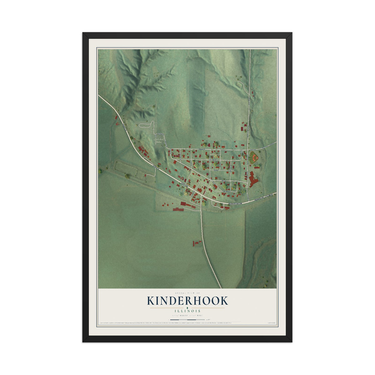 Map of Kinderhook, Illinois, 12 x 18 inch print in a black wood frame