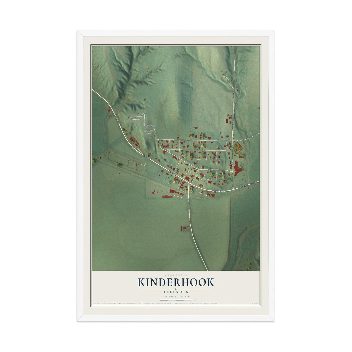 Map of Kinderhook, Illinois, 12 x 18 inch print in a white wood frame