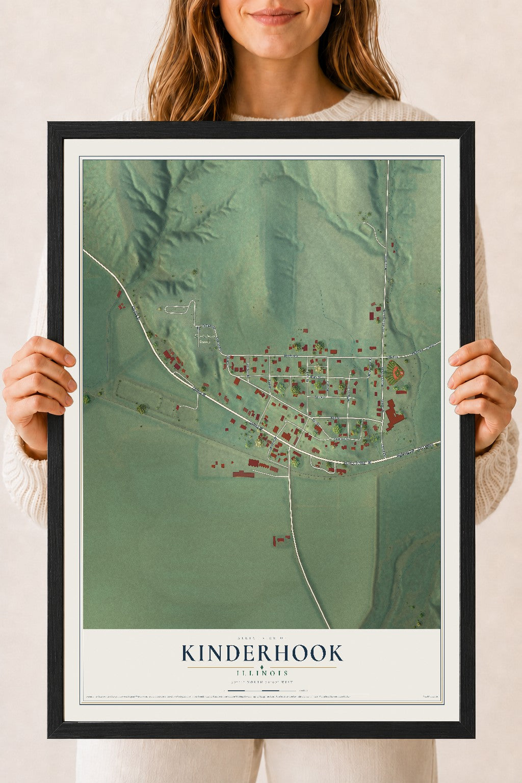 Map of Kinderhook, Illinois, 18 x 24 inch print in a black wood frame