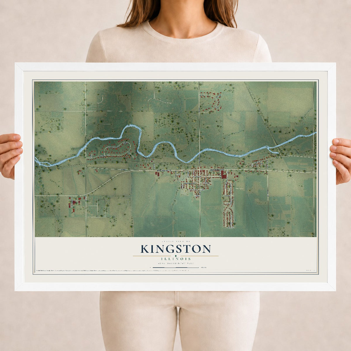 Map of Kingston, Illinois, 18 x 24 inch print in a white wood frame