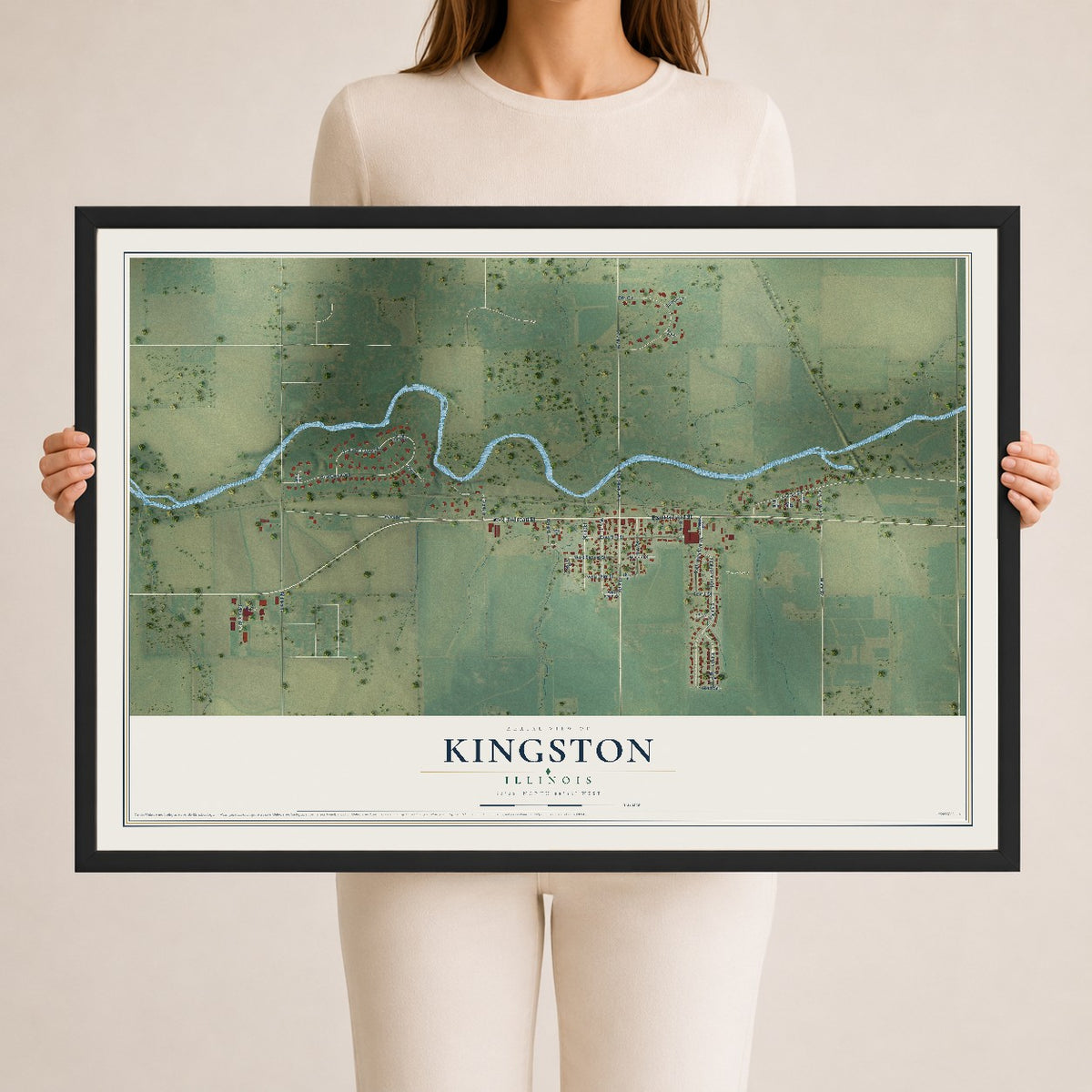 Map of Kingston, Illinois, 24 x 36 inch print in a black wood frame