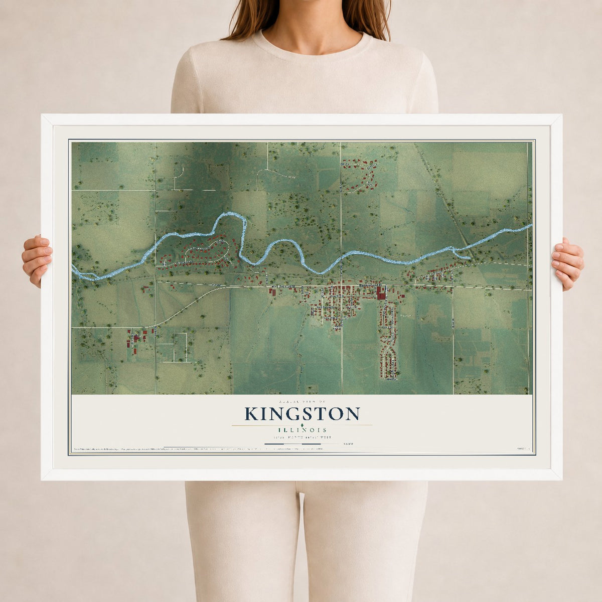 Map of Kingston, Illinois, 24 x 36 inch print in a white wood frame