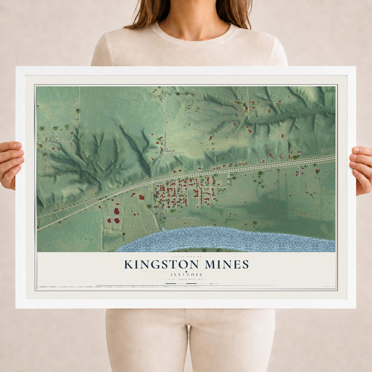 Map of Kingston Mines, Illinois, 18 x 24 inch print in a white wood frame