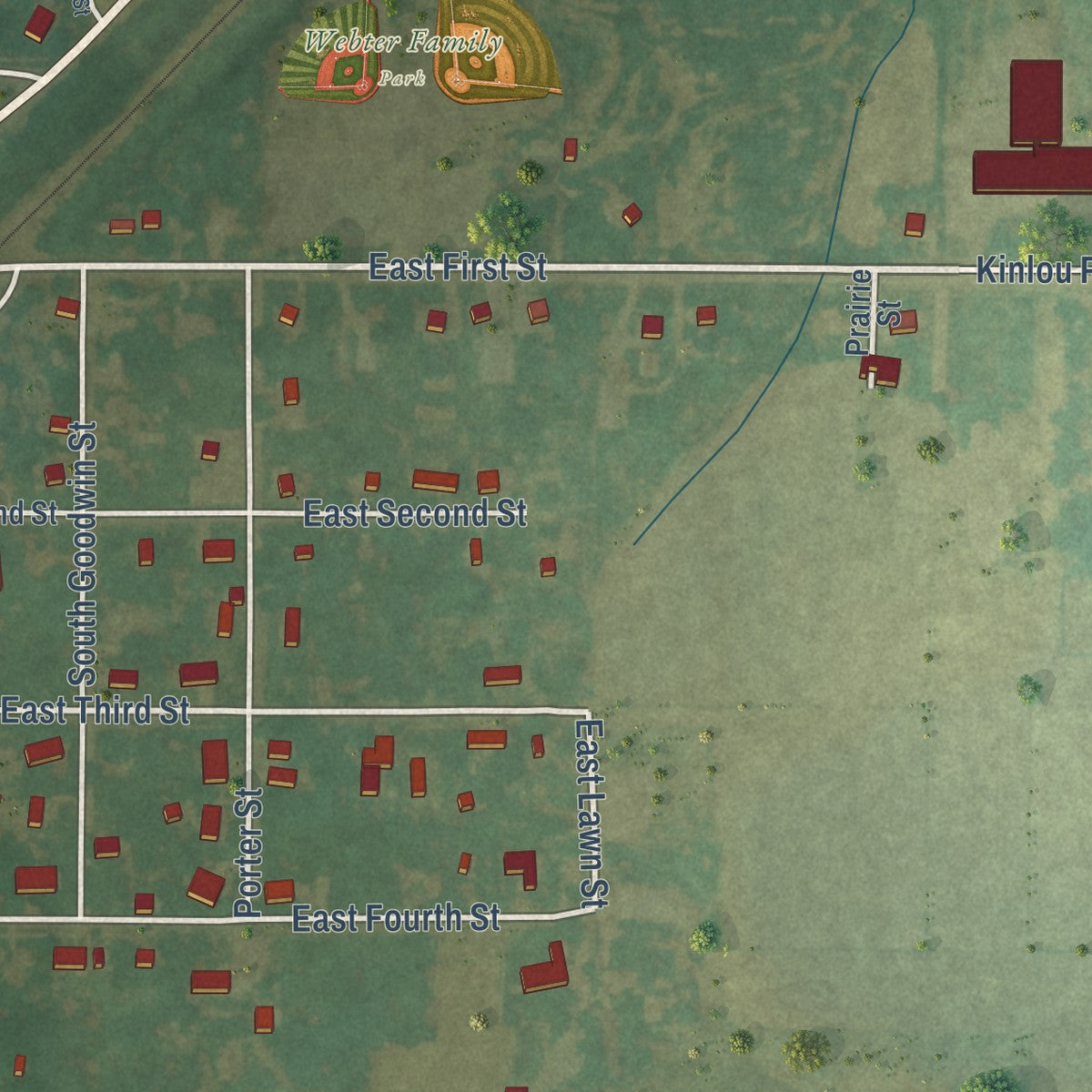 Second close-up of the map of Kinmundy, Illinois print showing more streets and buildings