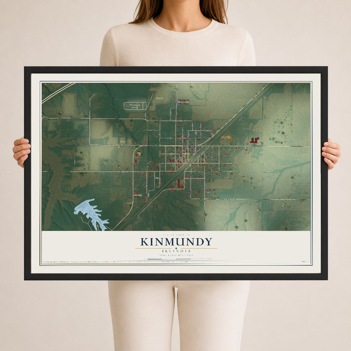 Map of Kinmundy, Illinois, 24 x 36 inch print in a black wood frame