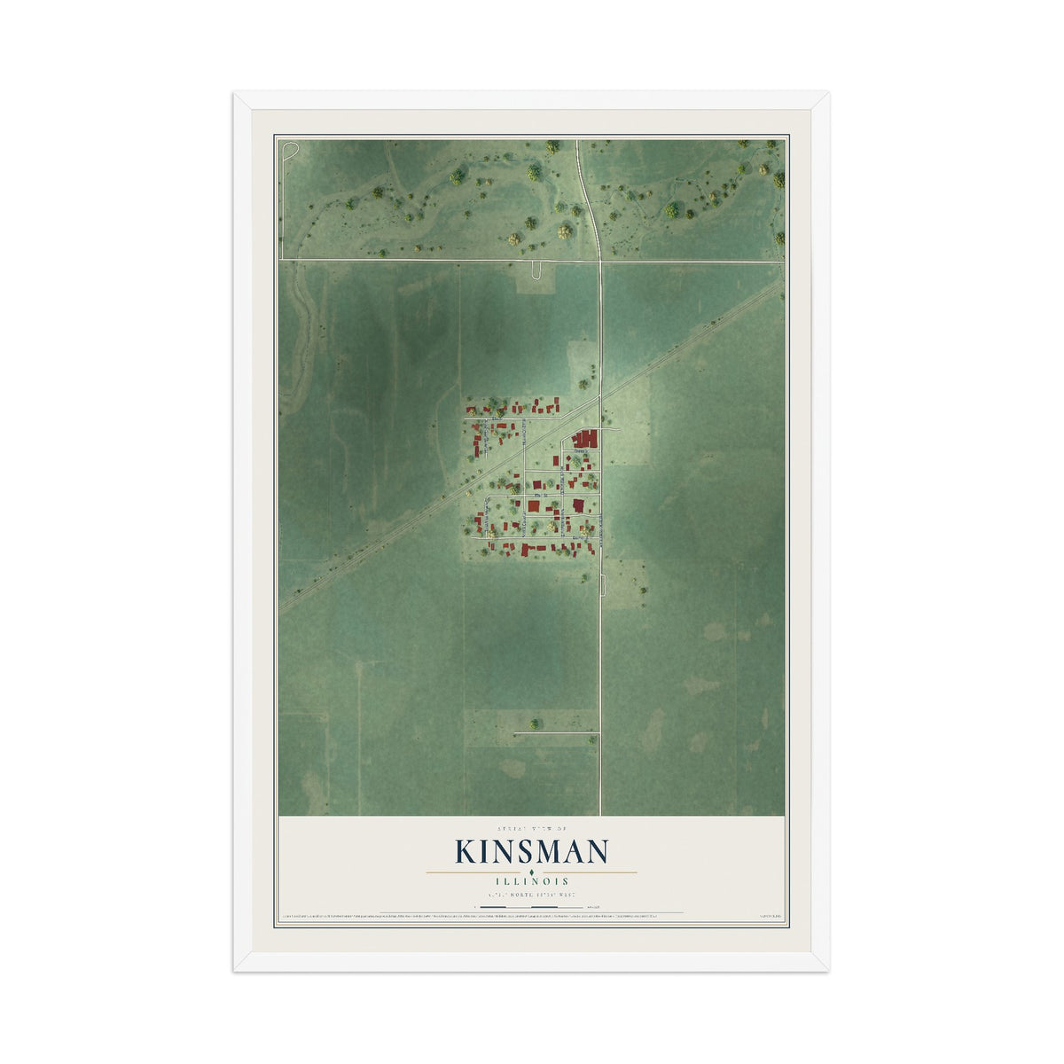 Map of Kinsman, Illinois, 12 x 18 inch print in a white wood frame