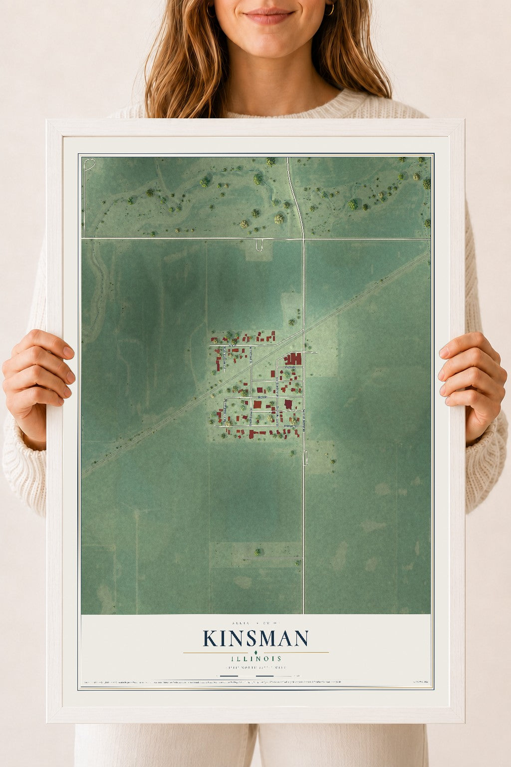 Map of Kinsman, Illinois, 18 x 24 inch print in a white wood frame