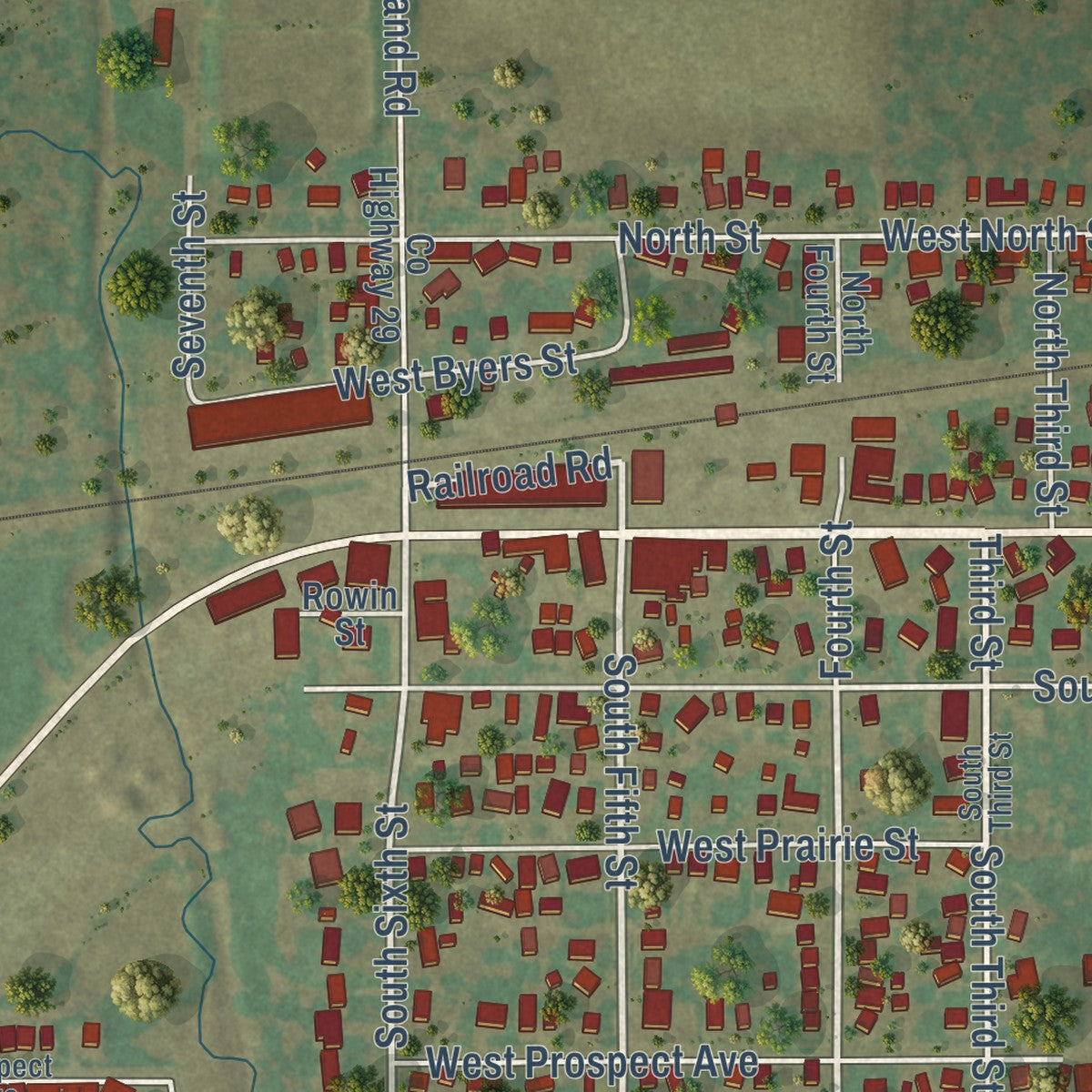Close-up of the map of Kirkland, Illinois print showing street and building detail