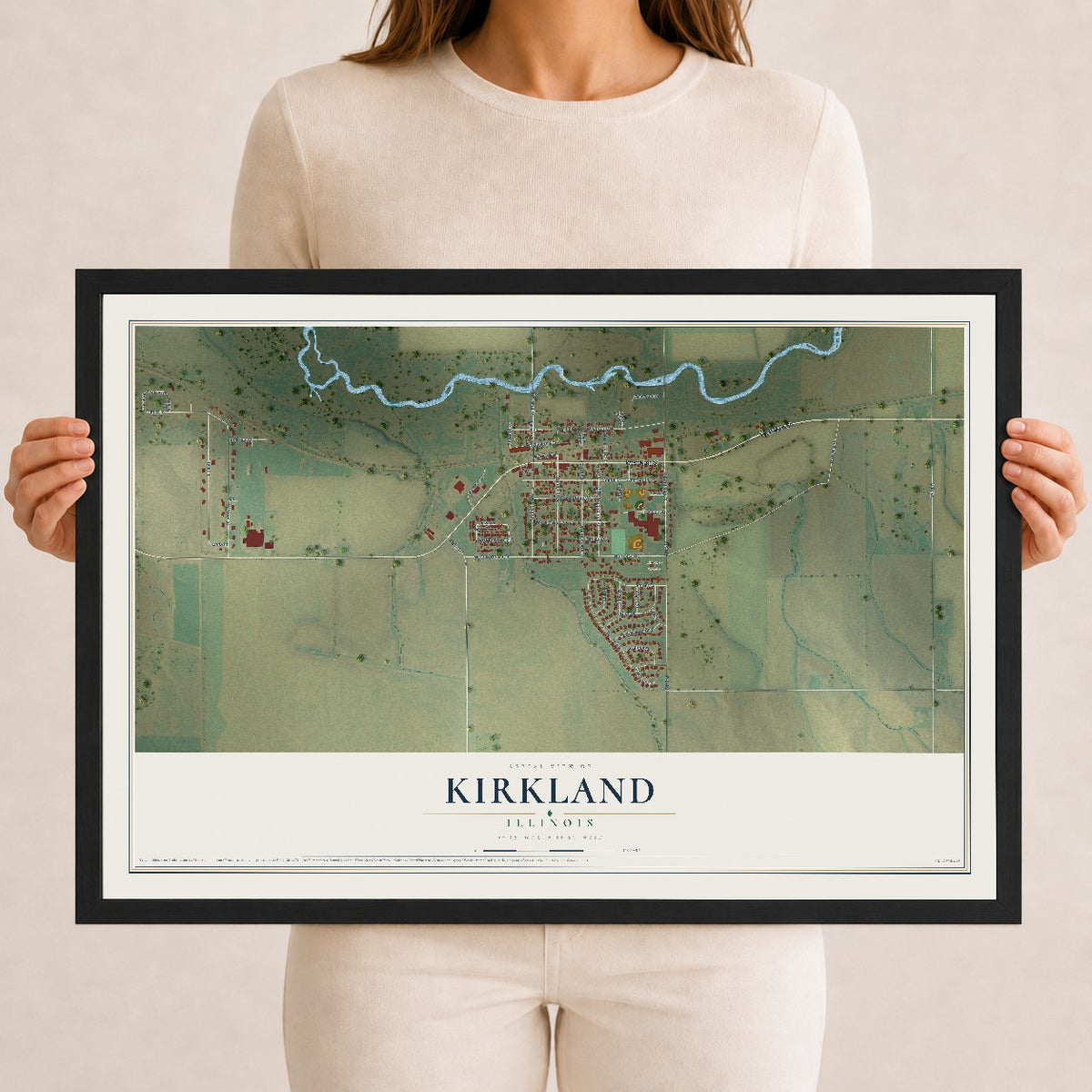 Map of Kirkland, Illinois, 12 x 18 inch print in a black wood frame