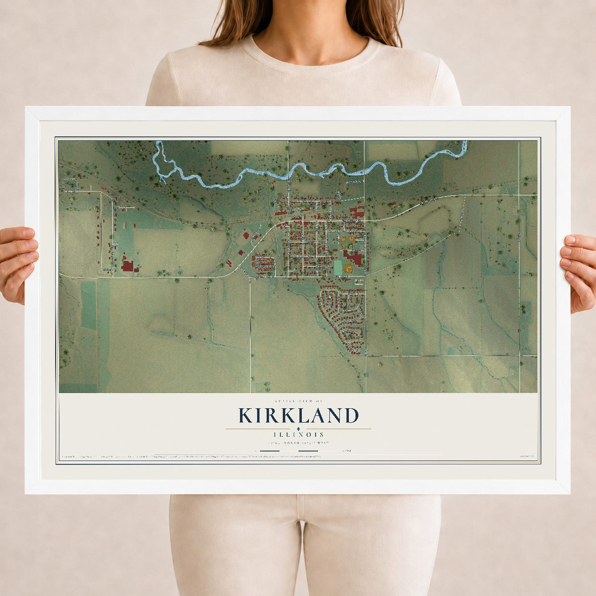 Map of Kirkland, Illinois, 18 x 24 inch print in a white wood frame