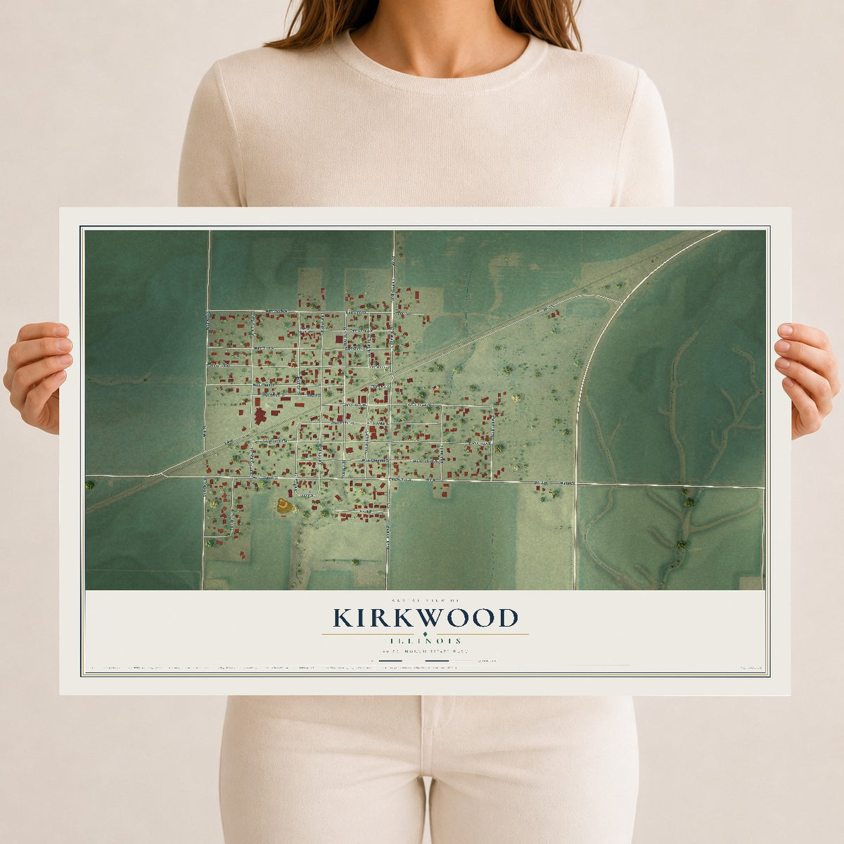 Map of Kirkwood, Illinois, 12 x 18 inch unframed archival matte print