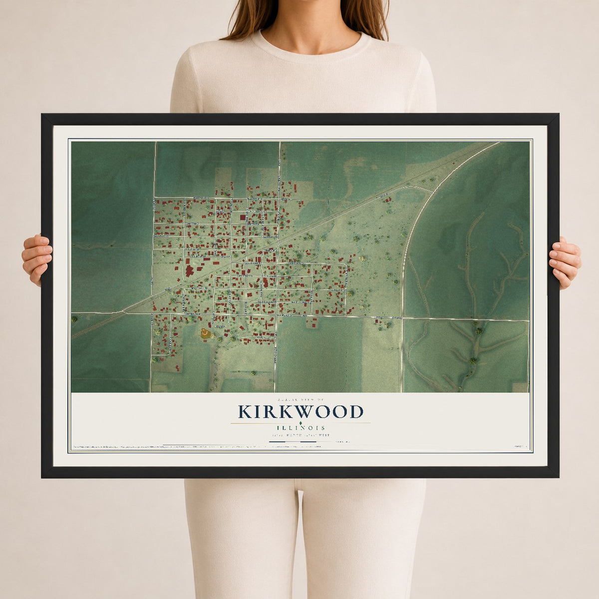 Map of Kirkwood, Illinois, 24 x 36 inch print in a black wood frame