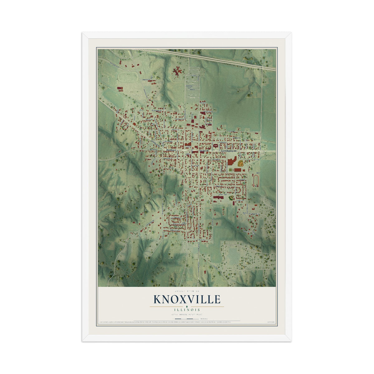 Map of Knoxville, Illinois, 12 x 18 inch print in a white wood frame