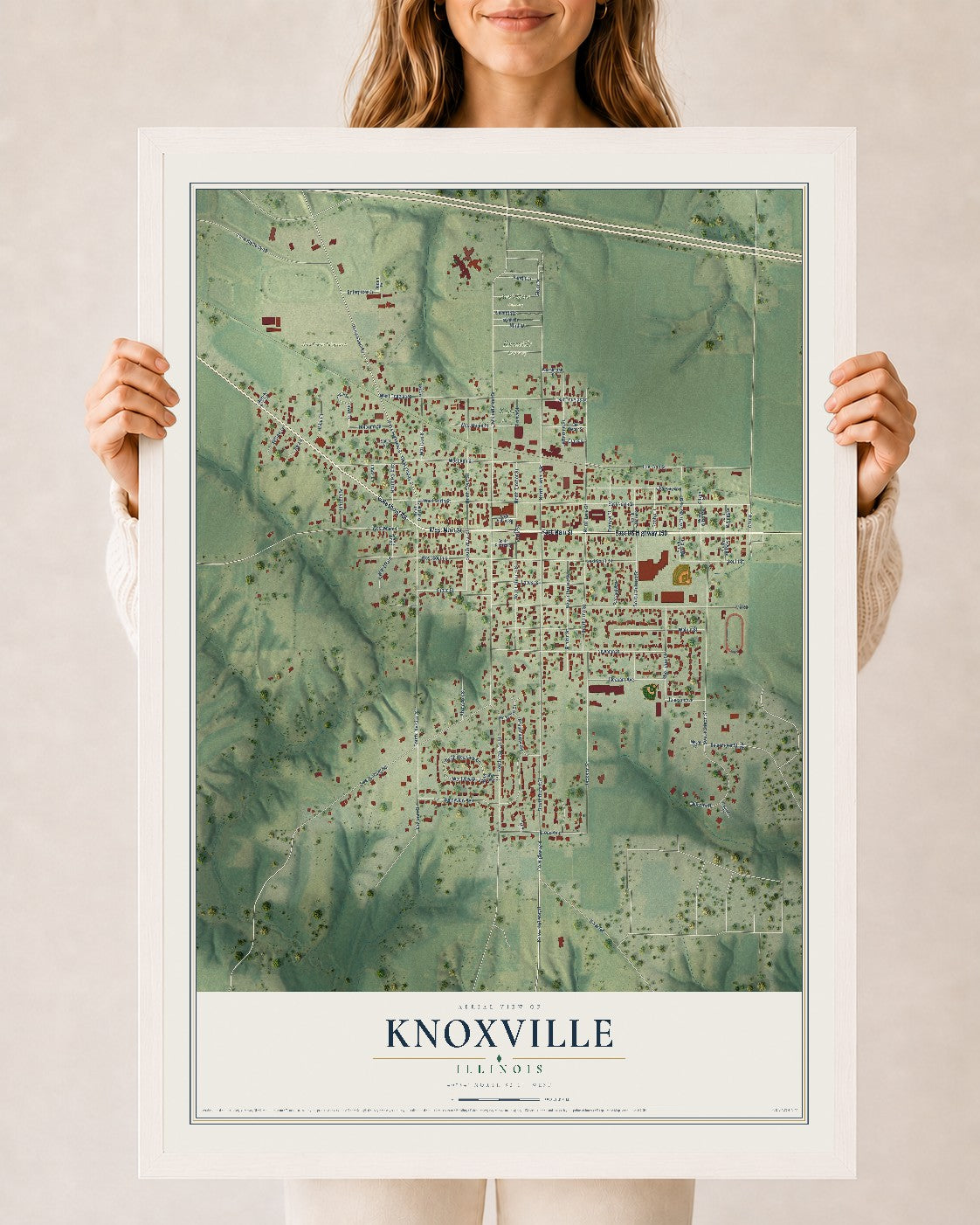 Map of Knoxville, Illinois, 24 x 36 inch print in a white wood frame