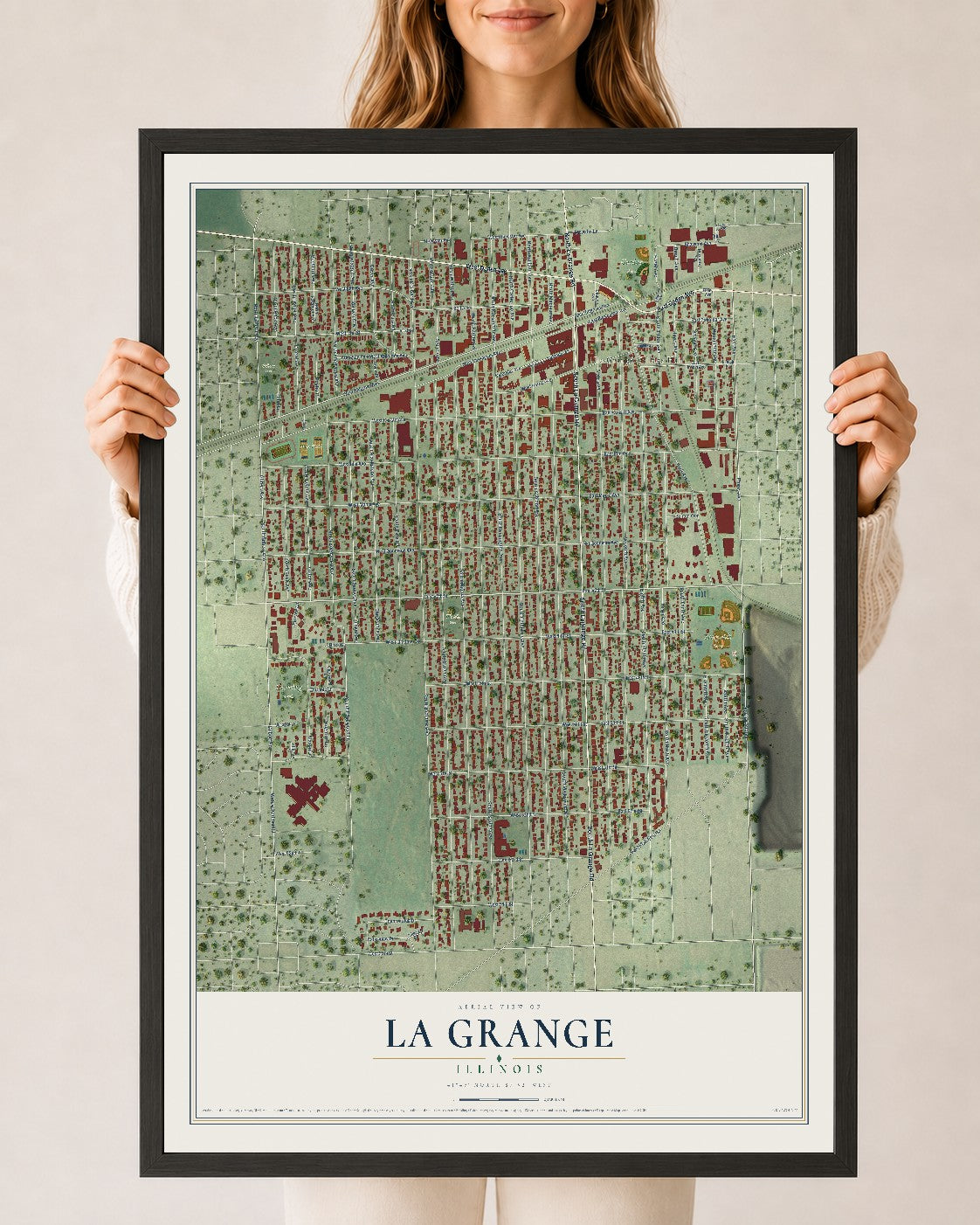 Map of La Grange, Illinois, 24 x 36 inch print in a black wood frame