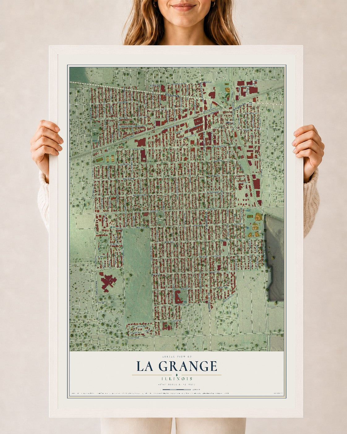 Map of La Grange, Illinois, 24 x 36 inch print in a white wood frame