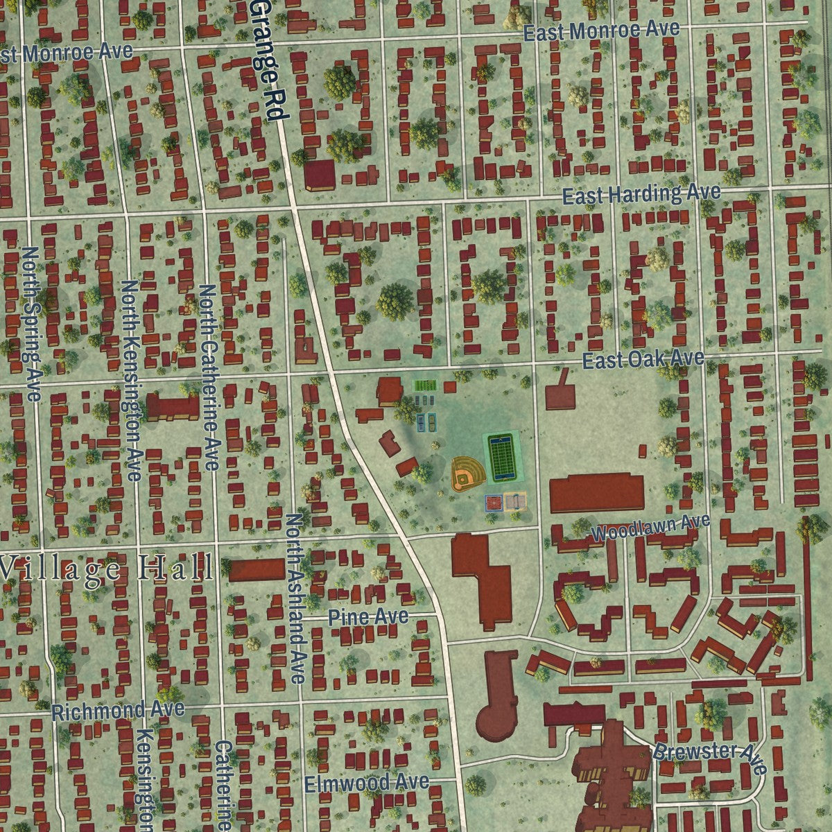 Close-up of the map of La Grange Park, Illinois print showing street and building detail