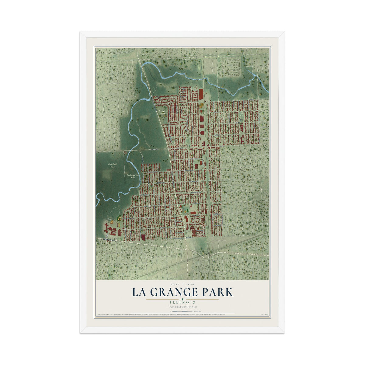 Map of La Grange Park, Illinois, 12 x 18 inch print in a white wood frame