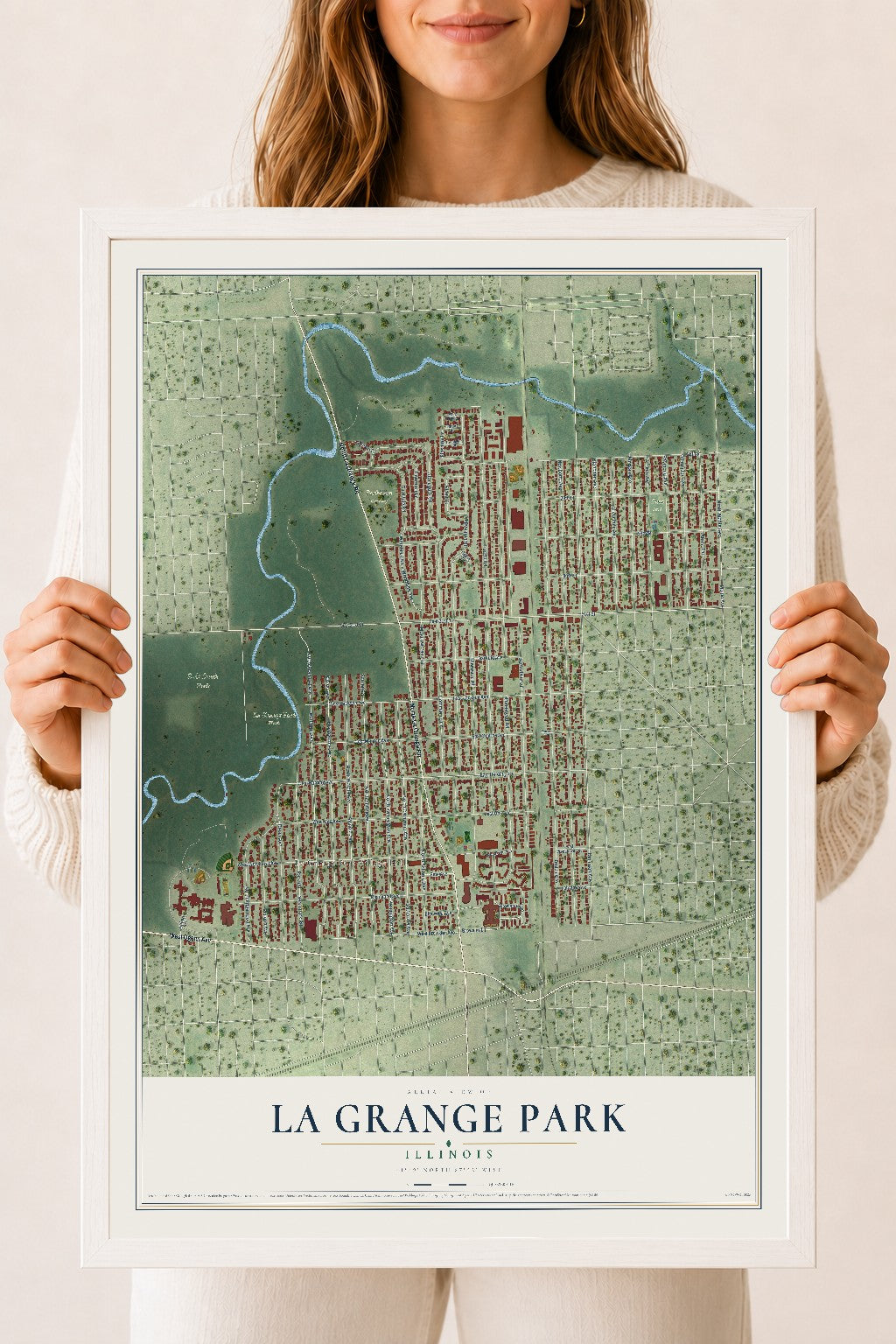 Map of La Grange Park, Illinois, 18 x 24 inch print in a white wood frame